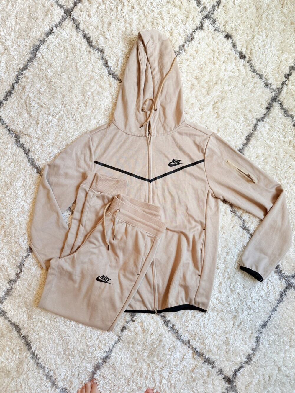 Nike Beige Men's M Polyester Tracksuit Set Hoodie & Pants, Hooded, Zip, Pockets